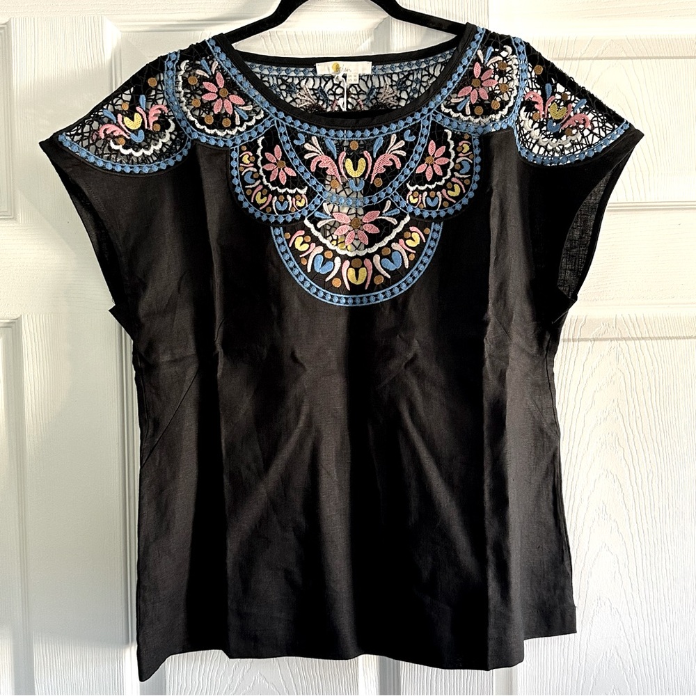 Boden NWT 100% Linen Black Short Sleeve Top | Colorful Embroidery | Size 10